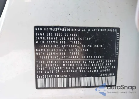 2020 Volkswagen Tiguan 2.0T Se/2.0T Se R-Line Black/2.0T Sel z USA, uszkodzony, nr VIN 3VV3B7AX7LM142814